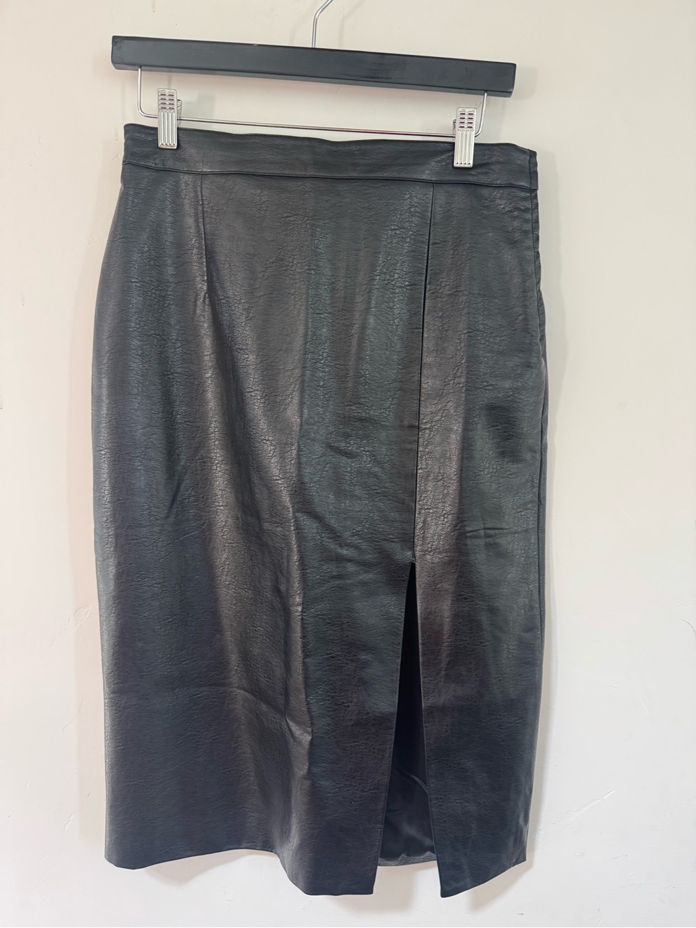 Women’s Classic Black Faux Leather Midi Skirt with Front Slit